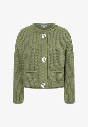 Green knitted cardigan with a round neck, three large silver buttons, and two front pockets. Textured fabric and cropped fit.
