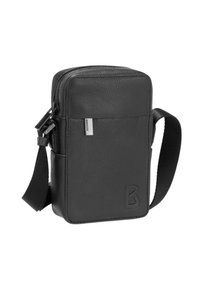 Svart kornläder crossbody-väska med dragkedja, tygrem, liten logotypflik framtill och präglad "B"-detalj i det nedre hörnet.