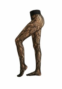 Les collants en dentelle noire présentent un motif floral et une taille opaque, conçus pour couvrir les jambes avec une finition transparente et texturée.