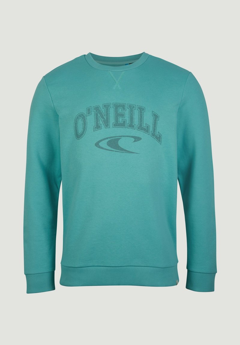 Sweat-shirt bleu sarcelle à col rond avec manches longues, imprimé du texte « O'NEILL » et du logo vague sur la poitrine.