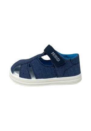 Sandalo per bambino blu navy con suola bianca, punta aperta e cinturino in velcro con la scritta "PRIMIGI" su sfondo bianco.