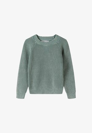 Puha zöld kötött pulóver, kerek nyakkivágással, raglánujjakkal, bordázott alsó résszel és mandzsettákkal. Texturált minta az anyagon.