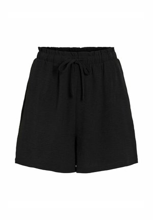 Mustad lühikesed püksid elastse venitusega vöökohtade ja reguleeritava nööriga, millel on lõdva lõikega ja tekstuuriga kangas. Taskud või vooder ei ole nähtavad.