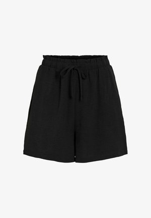 Mustad lühikesed püksid elastse venitusega vöökohtade ja reguleeritava nööriga, millel on lõdva lõikega ja tekstuuriga kangas. Taskud või vooder ei ole nähtavad.