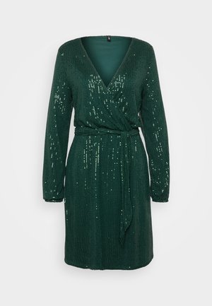 Green, long-sleeve dress with a deep V-neck and wrap design, embellished with sequins, featuring a belted waist and textured finish.