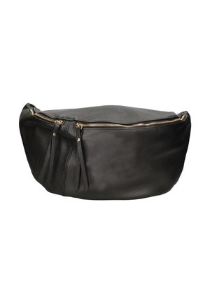 Borsa in pelle nera con una forma morbida e arrotondata. Presenta una zipper dorata e due nappine in pelle. La superficie testurizzata migliora la presa e lo stile.