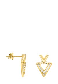 Orecchini color oro con design a forma di V decorati con cristalli trasparenti su un lato, finitura liscia e chiusura a clip.