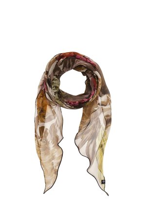 Light, sheer scarf with a floral pattern in brown, beige, green, and red tones, loosely rolled with pointed ends hanging down.
