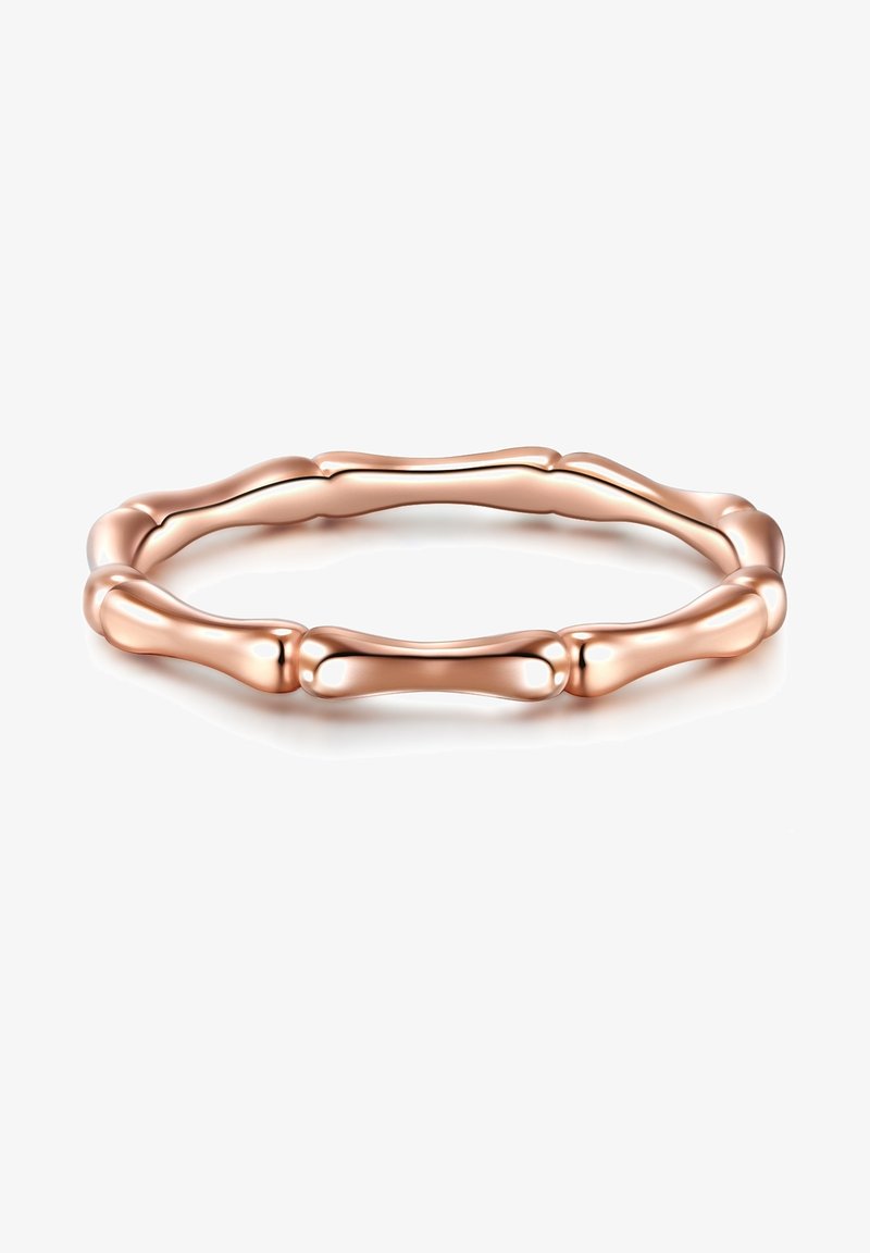 Rózsaarany gyűrű sima, lekerekített dizájnnal, váltakozó hosszúkás és gömb alakú formákkal a textúra érdekében. Csiszolt felület.