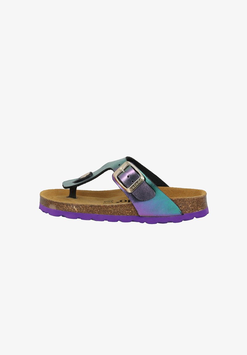 Infradito con tomaia metallici multicolore, soletta in sughero e suola in gomma viola. Caratterizzate da una fibbia regolabile sulla cinghia.