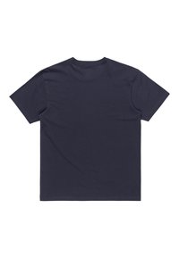 Camiseta de algodón azul marino de manga corta, con cuello redondo y textura suave, que presenta un diseño trasero simple y sin adornos.