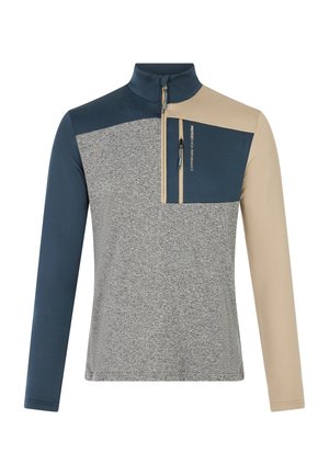 Kwart-rits pullover in grijs, marineblauw en beige; beschikt over een gestructureerd grijs lichaam met gladde marineblauwe mouwen en een ritszak op de borst.