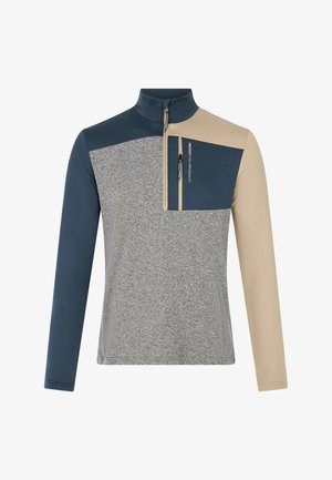 Kwart-rits pullover in grijs, marineblauw en beige; beschikt over een gestructureerd grijs lichaam met gladde marineblauwe mouwen en een ritszak op de borst.