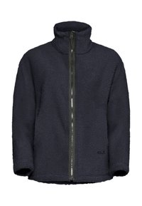 Marineblauwe fleecejacket met hoge kraag, volledige rits, gestructureerde stof en logo aan de onderlinkerkant. Heeft een ontspannen pasvorm en lange mouwen.