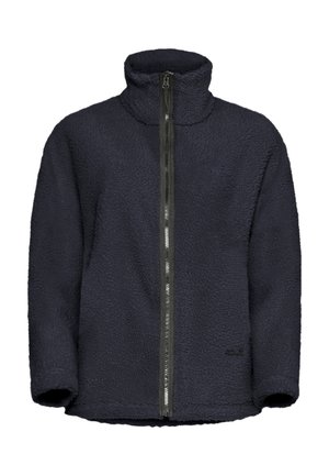 Marineblauwe fleecejacket met hoge kraag, volledige rits, gestructureerde stof en logo aan de onderlinkerkant. Heeft een ontspannen pasvorm en lange mouwen.