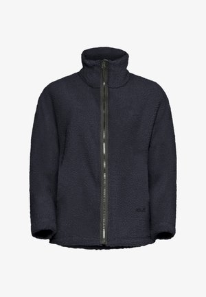 Marineblaues Fleece-Jacke mit hohem Kragen, durchgehendem Reißverschluss, strukturiertem Stoff und Logo auf der unteren linken Seite. Verfügt über eine lockere Passform und lange Ärmel.
