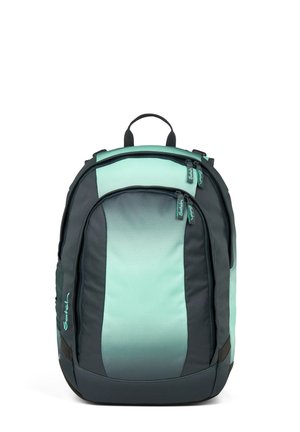 Rucksack in dunkelgrau und mintgrün, mit glattem Stoff, zwei Reißverschlusstaschen und ergonomischem Design mit einem Tragegriff.