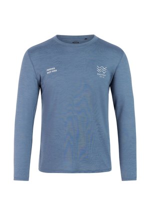 T-shirt bleu à manches longues en matériau texturé avec un texte blanc indiquant "FRIENDS NOT FOES" et un logo vague sur la poitrine.