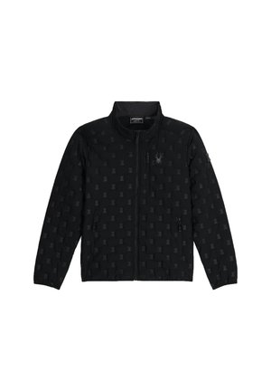 Giacca nera con zip e motivo in rilievo discreto, tasca sul petto, tasche frontali con zip e un piccolo logo di ragno sul lato sinistro del petto.