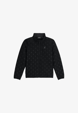 Schwarze Zip-Jacke mit dezentem, geprägtem Muster, Brusttasche, mit Reißverschluss versehenen Handtaschen und einem kleinen Spinnenlogo auf der linken Brust.