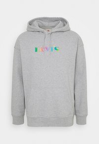 Sweatshirt à capuche gris avec poche frontale. Présente un logo "Levi's" multicolore sur la poitrine. Fabriqué en tissu doux avec des poignets côtelés.