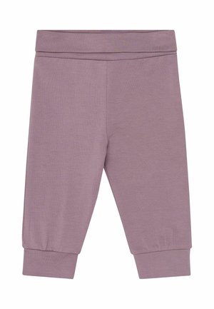 Leggings doux de couleur mauve pour bébé avec une large ceinture élastique et des poignets aux chevilles, confectionnés dans un tissu stretch lisse.