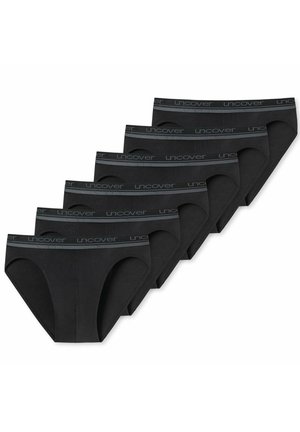 Black cotton briefs set of six, featuring a soft waistband with "uncover" logo, smooth fabric, and classic brief shape with cut-out leg openings.
