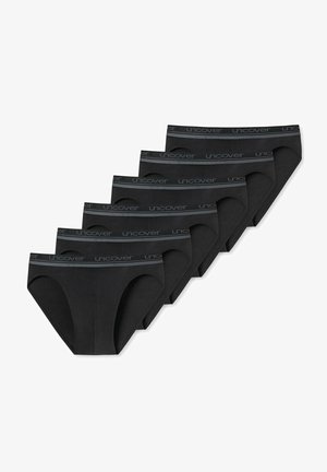 Schwarzes Baumwollunterwäsche-Set mit sechs Teilen, ausgestattet mit einem weichen Bund mit "uncover"-Logo, glattem Stoff und klassischer Brief-Form mit ausgeschnittenen Beinöffnungen.