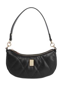 Borsa in pelle nera trapuntata con zip e accessori dorati, dotata di una tracolla corta e un dettaglio rettangolare sul davanti.