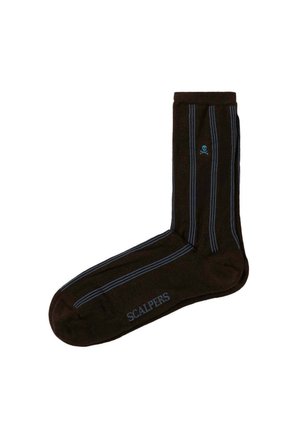 Calcetín marrón a rayas hecho de material suave, con finas líneas azules y un pequeño logo de calavera. "SCALPERS" está bordado en azul en el tobillo.