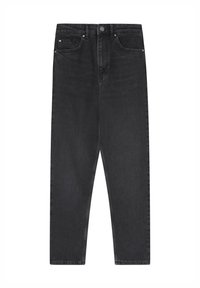 Jean noir taille haute à jambes droites avec poches avant, passants de ceinture et fermeture bouton et zip.
