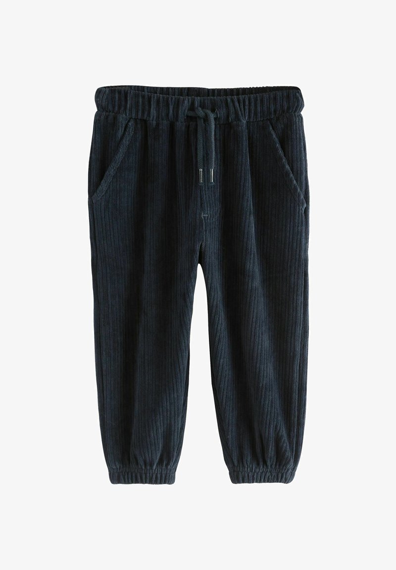 Dark blue ribbed fabric jogger pants with elastic waistband, drawstring, side pockets, and elastic cuffs at ankles.