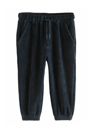Pantaloni lounge in corduroy color blu scuro, con righe verticali, vita elasticizzata con coulisse e tasche laterali.