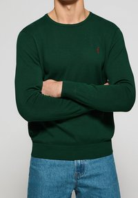 Ciemnozielony sweter dzianinowy z okrągłym dekoltem, ściągaczami przy mankietach i u dołu. Zawiera małe czerwone logo na klatce piersiowej. Połączony z niebieskimi dżinsami.