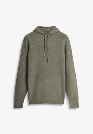 Olijfgroen gebreide hoodie met een gestructureerd patroon, een capuchon met trekkoord en lange mouwen. Geribbelde manchetten en zoom verbeteren het ontwerp.