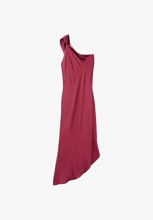 One-shoulder, burgundy dress made of smooth, draping fabric with an asymmetrical hem and folded detail at the shoulder.
