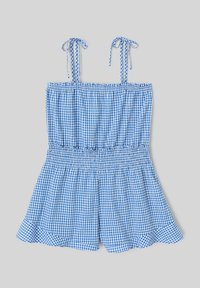 Rompers à carreaux bleus en gingham avec taille élastique, fines bretelles réglables et cuissardes évasées. Tissu léger avec un design froncé.