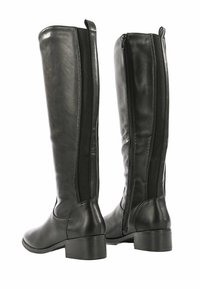 Stivali neri fino al ginocchio realizzati in morbida pelle sintetica, dotati di una cerniera laterale, pannelli elastici e un tacco basso impilato.
