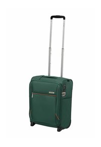 Valigia morbida verde da cabina con tasca frontale con cerniera, manico estendibile, lucchetto laterale con combinazione e due ruote.