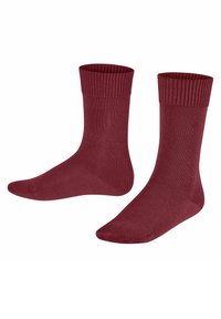 Burgunderfarbene Kniestrümpfe mit einem gerippten Bund, aus glattem Stoff gefertigt, mit einer nahtlosen Zehenpartie und einem schlichten Design.