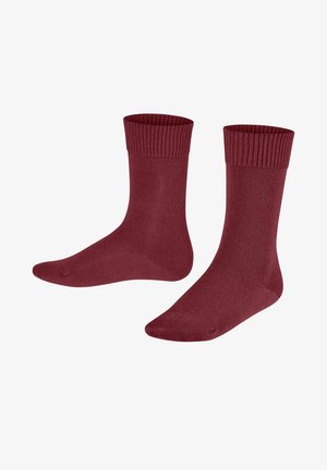 Burgunderfarbene Kniestrümpfe mit einem gerippten Bund, aus glattem Stoff gefertigt, mit einer nahtlosen Zehenpartie und einem schlichten Design.