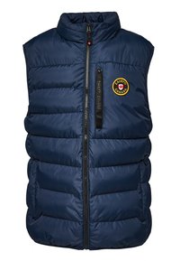 Navyblauwe puffer vest met hoge kraag, ritssluiting en logopatch. Heeft een gewatteerde textuur en een lichtgewicht, geïsoleerd ontwerp.