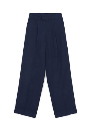 Navy blue wide-leg trousers with pleats, a tailored waistband, and turned-up cuffs. Made of lightweight fabric with a smooth texture.