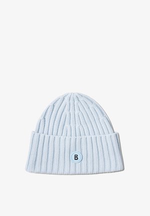 Light blue ribbed knit beanie with a folded cuff and a round patch featuring a black letter "B" on the front.