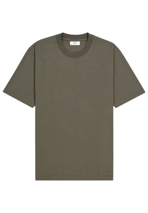 T-shirt vert olive en coton, avec un col rond, des manches courtes et une coupe décontractée. Aucun motif ni accent visible.