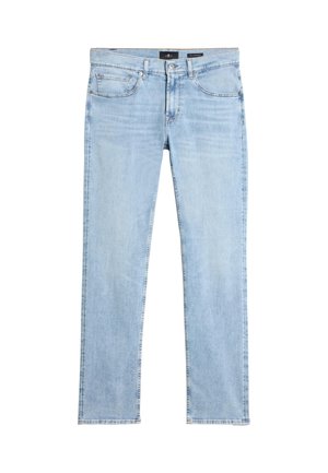 Light blue straight-leg denim jeans with front button and zipper, five-pocket design, and belt loops.