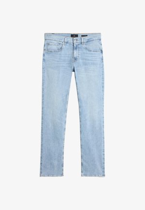 Light blue straight-leg denim jeans with front button and zipper, five-pocket design, and belt loops.