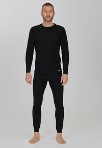 Haut thermique à manches longues noir et pantalon ajusté en matériau extensible, présentant une texture côtelée et sans logos ni motifs visibles.