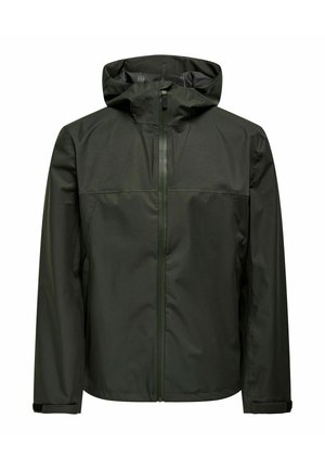 Mörkgrön vattentät jacka med blixtlåsförsedda framstycke, justerbar huva och ärmslut. Slät, matt tyg med minimalistisk design.