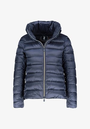 Chaqueta acolchada azul marino con mangas largas, cremallera frontal completa y cuello alto, mostrada de frente sobre un fondo blanco.